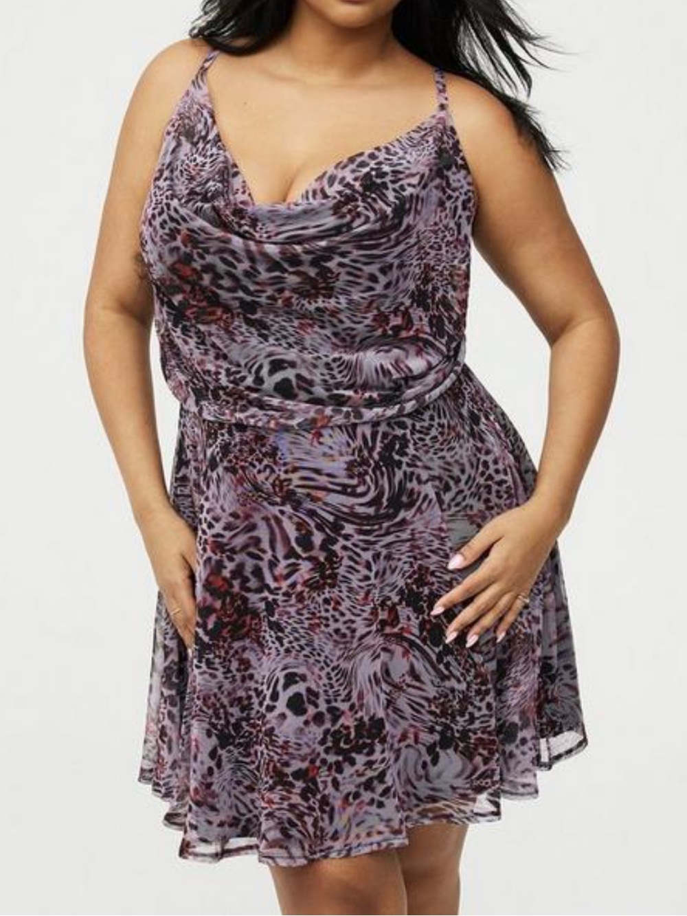 Torrid Cross Back Mini Dress Purple Black Animal Print Plus Size Short 1X Casual